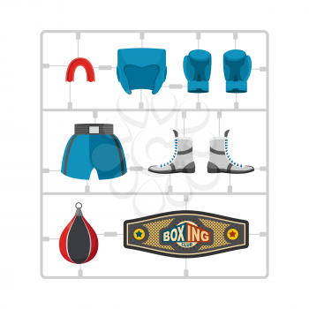 Boxing set Plastic Model kit. Collection champion. Gloves and protective helmet. Sports shorts and cap. punching bag and winner belt. 