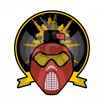 Battle logo. Paintball Helmet and weapons. Military emblem. Army sign. Awesome badge for sports teams and clubs
