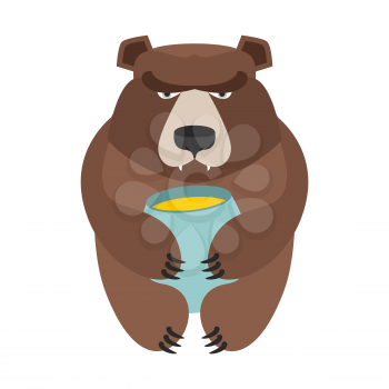 Bear and honey barrel. Cute wild animal and food. Forest predator
