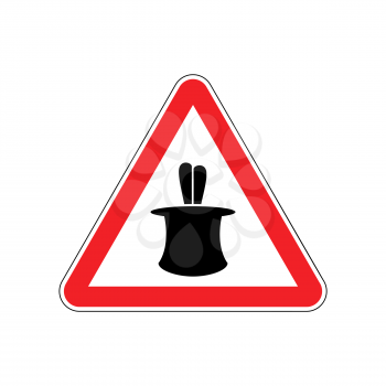 Magic Trick Warning sign red. illusion Hazard attention symbol. Danger road sign triangle Bunny in hat