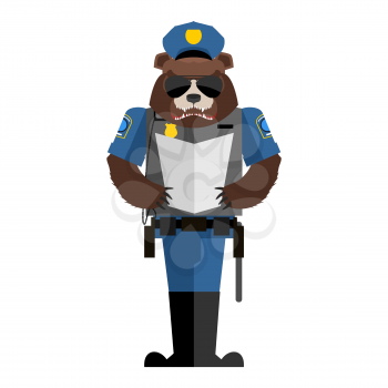 Bear policeman. Wild animal police form. Cap and body armor. grizzly in service of law. Cop Forest predator
