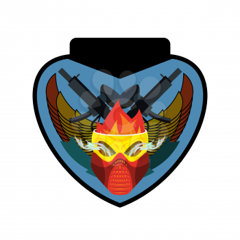 Paintball logo. Military emblem. Army sign. Skull in protective mask and weapons. Awesome badge for sports teams and clubs

