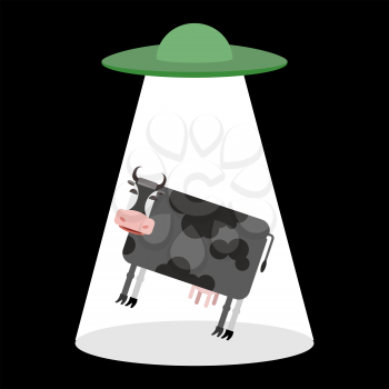 UFO and cow. Aliens abduct cattle. Frisbee and farm animals