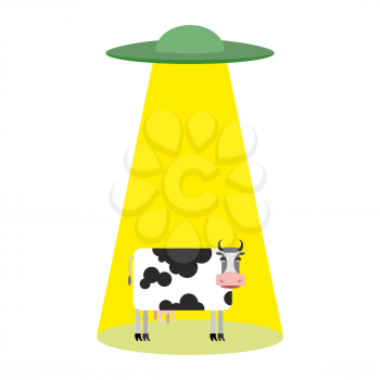 UFO and cow. Aliens abduct cattle. Frisbee and farm animals
