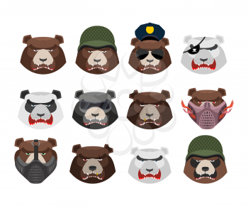 Angry bear set. Aggressive Grizzly head. Wild animal muzzle isolated. Forest predator
