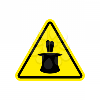 Magic Trick Warning sign yellow. illusion Hazard attention symbol. Danger road sign triangle Bunny in hat