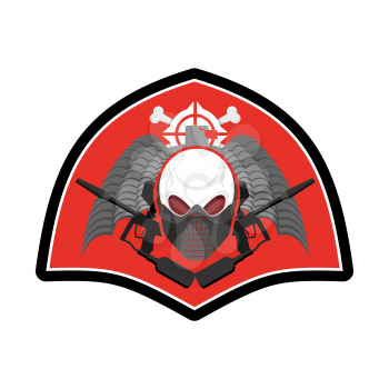 Military emblem. Paintball logo. Army sign. Skull in protective mask and weapons. Awesome badge for sports teams and clubs
