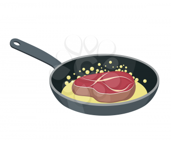 Steak frying pan. beefsteak griddle. Fried piece of meat. Fresh juicy pork in oil
