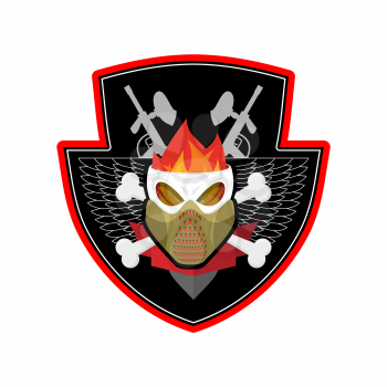 Military emblem. Paintball logo. Army sign. Skull in protective mask and weapons. Awesome badge for sports teams and clubs
