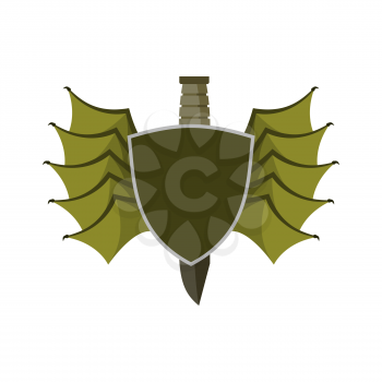 Shield and bat wings emblem. Devil Wing heraldry symbol. Military knife