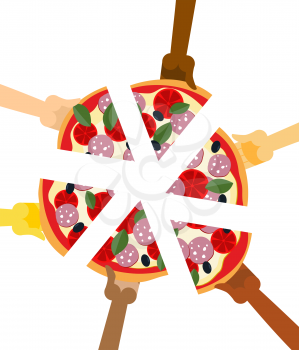 People eating pizza. Hands holding slice of pie. Friendship illustration. Joint lunch
