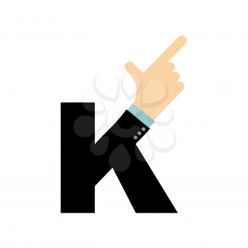 K letter hand. Forefinger lettering. Hand of business suit
