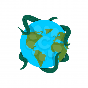 Earth in tentacles of monster. Cthulhu conquest of planet. Giant octopus hugging Globe
