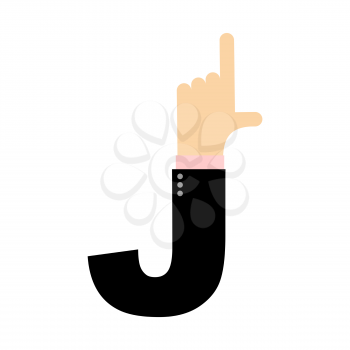 J letter hand. Forefinger lettering. Hand of business suit
