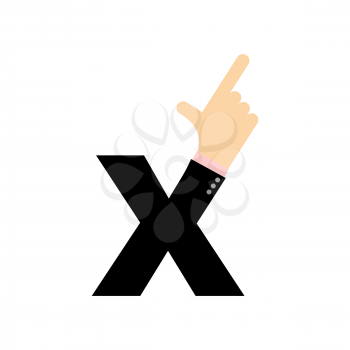 X letter hand. Forefinger lettering. Hand of business suit

