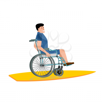 Disabled surfer. Wheelchair on surfboard on white background
