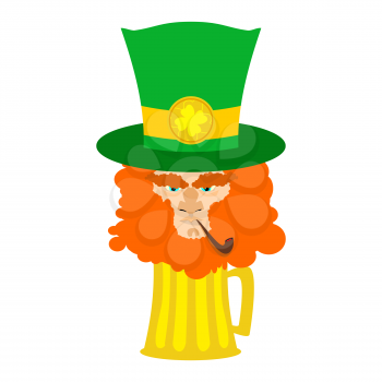 Leprechaun with red beard and beer. St. Patricks Day character. Irish holiday
