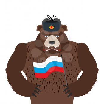 Bear in fur hat isolated. Wild animal and Russian flag. Beast in Russia
