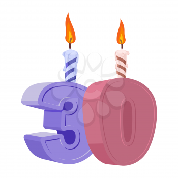 30 years birthday. Number with festive candle for holiday cake. Thirty Anniversary