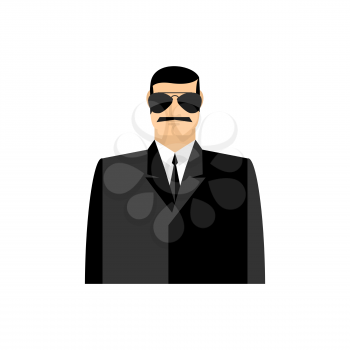 Spy portrait. Secret agent in black suit. Bodyguard isolated
