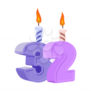 32 years birthday. Number with festive candle for holiday cake. Thirty two Anniversary