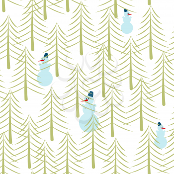 Snowman and Christmas tree seamless pattern. Holiday ornament. New Year texture. Winter forest background
