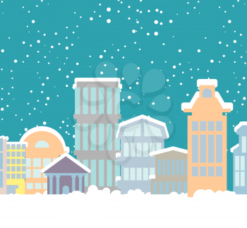 Winter Christmas City. Buildings in snow. Snowfall in town. New Year background
