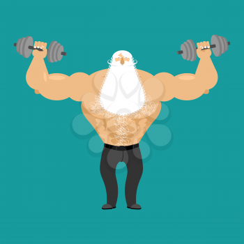 Retired athlete and dumbbells. Strong Santa fitness. Old man Sports. Powerful Senior Man with white beard
