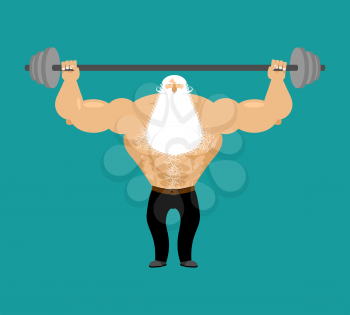 Senior Man athlete and barbell. Strong grandfather fitness. Old man Sports. Powerful greybeard with white beard
