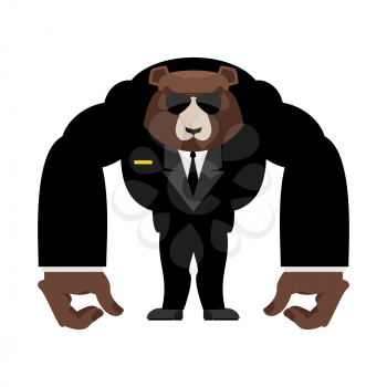 Bear bodyguard in black suit. Strong Grizzly guard
