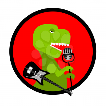 Dino rock. Tyrannosaurus sings song. Dinosaur with guitar. Ancient predator and microphone
