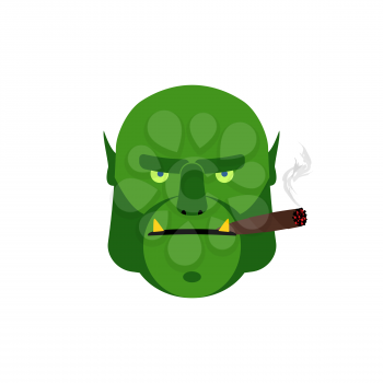 Angry ogr with cigar. Aggressive green monster isolated
