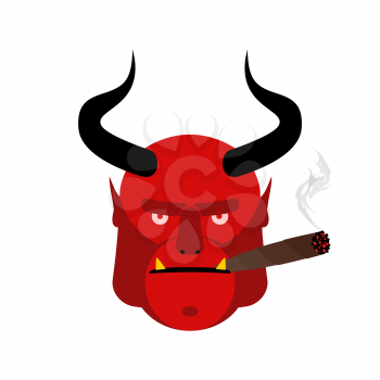 Evil Satan with cigar. Aggressive devil with horns isolated
