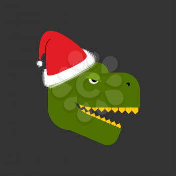 Dino Santa. Tyrannosaurus and Claus cap. Red hat and dinosaur. Christmas ancient predator
