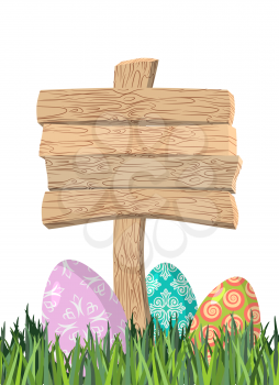 Happy Easter. Green grass. Colorful Easter eggs. Traditional treats for Easter. Wooden plaque. Wooden pointer. Colored eggs
