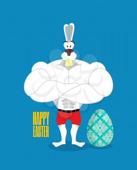 Happy Easter. Powerful rabbit guards Easter egg. Strong rabbit and egg. Raspisnoe traditional egg for Easter holiday. Animal symbol of religious festival
