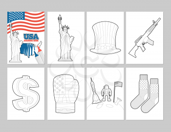 USA coloring book. Patriotic Illustrations in linear style of painting. Statue of Liberty and Uncle Sam hat. first astronaut on moon. Socks with national flag of America. Sign dollar and boxing glove
