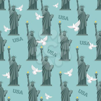 Statue of Liberty and pigeon seamless pattern. National symbol of America background. Texture of attractions of New York. Symbol of democracy and freedom. Patriotic ornament for fabric
