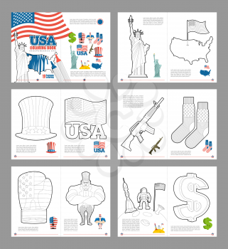 USA coloring book. Patriotic book for coloring. National Symbols America. Statue of Liberty and Uncle Sam hat. Map and flag USA. Dollar and boxing glove. Military Rifle, gun and socks. Astronaut on mo