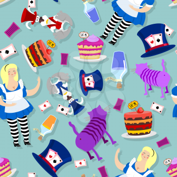 Alice in Wonderland pattern. Fat woman and Cheshire cat. Rabbit in hat. Cylinder is Mad Hatter. Magic Potion and piece of cake

