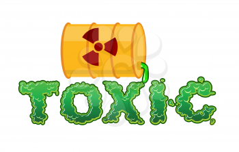 Toxic lettring. Liquid green letters and barrel of poison waste. Flowable radioactive Acid font
