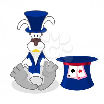White rabbit in blue hat. bunny in waistcoat. Cylinder is Mad Hatter. Illustration for Alice in Wonderland.
