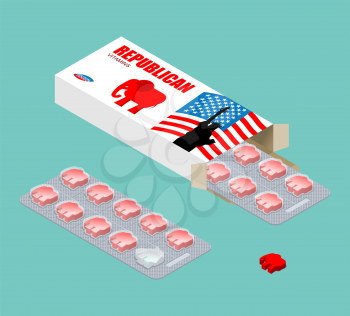 Republican vitamins. Political tablets. Pils in pack. Natural products for health in form of red elephant. USA election. Medical drugs for Republicans
