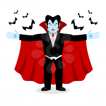 Happy Dracula in red mantle. Good cheerful vampire. ghoul and bats
