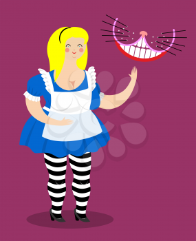 Old fat Alice in Wonderland and Cheshire Cat. Woman and shabby fabulous animal
