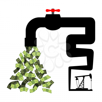 Tap with money. Oil derrick pumps cash. Revenue from sale of petroleum. Cash flow from pipe. Dollars flow. Endless Profits

