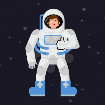 Astronaut Thumbs up shows well. Cosmonaut winks. Sign all right. Jolly Good astronaut. Mimicry smile on his face. Gesture of hand in order. Open dark space and stars
