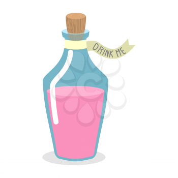 Drink Me potion. Pinc Magic elixir in bottle. illustration for Alice in Wonderland