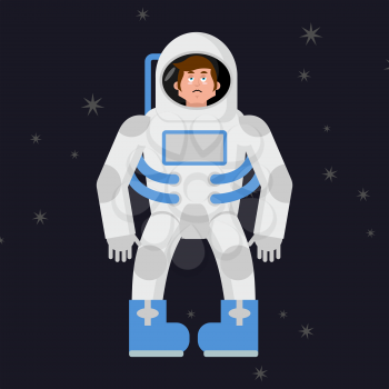 Sad astronaut in outer space. Sorrowful pessimistic spaceman. Space suit
