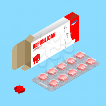 Republican pills in pack. Political tablets. vitamins in box. Natural products for health in form of red elephant. USA election. Medical drugs for Republicans
